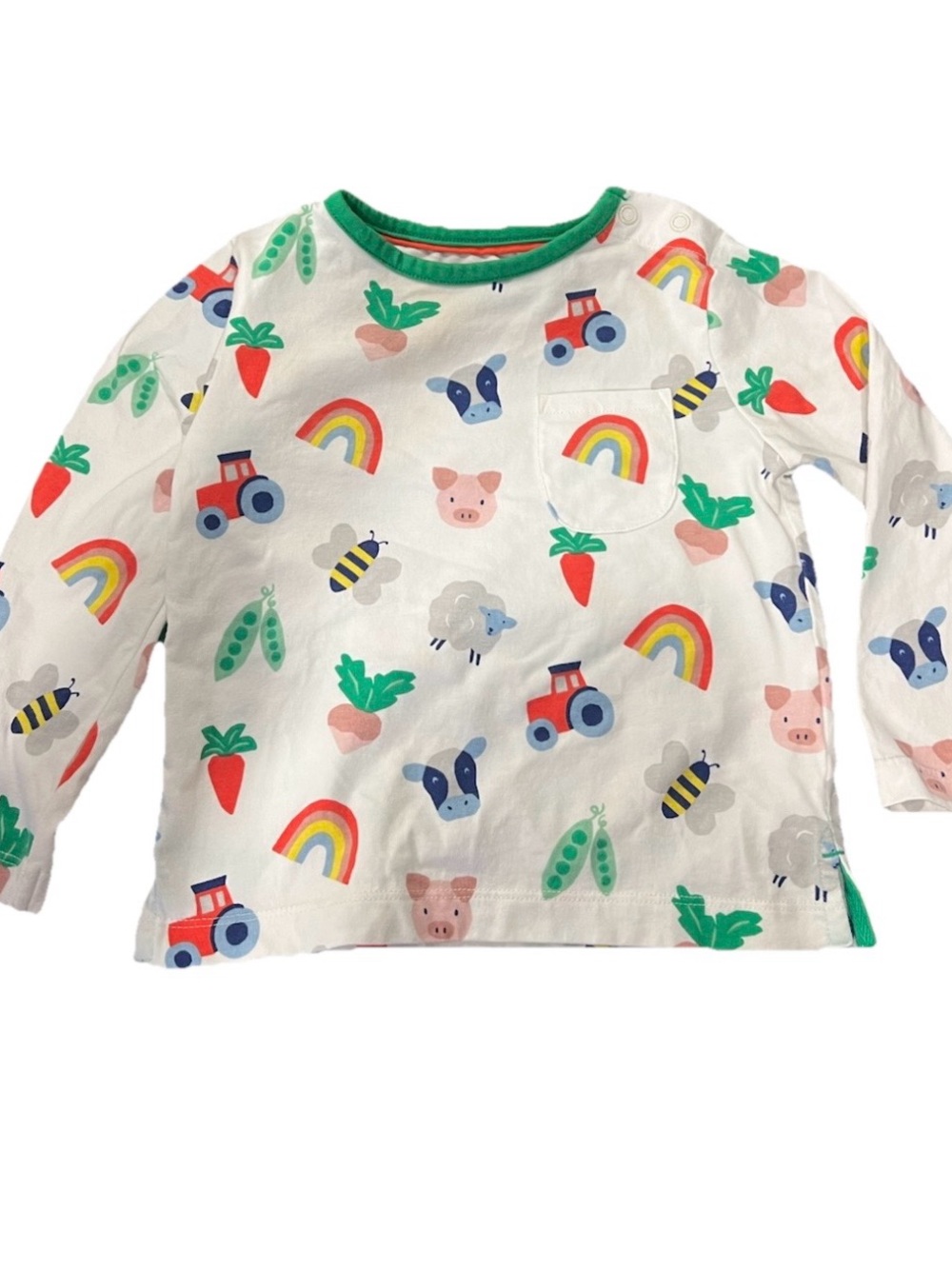 Baby Boden White Long-Sleeve Tee with Colorful Farm Print and Green Trim